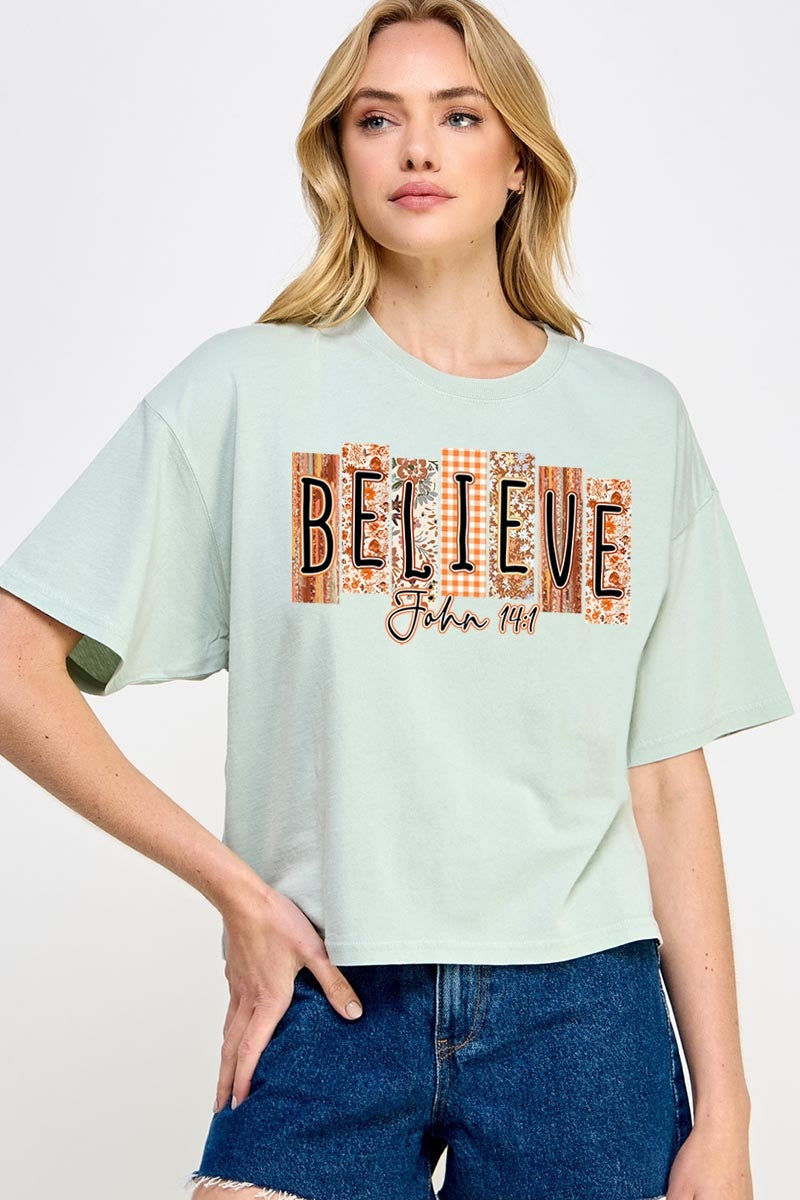 CTS-E3167 Believe Fall Christian Graphic Relaxed Crop Top $11