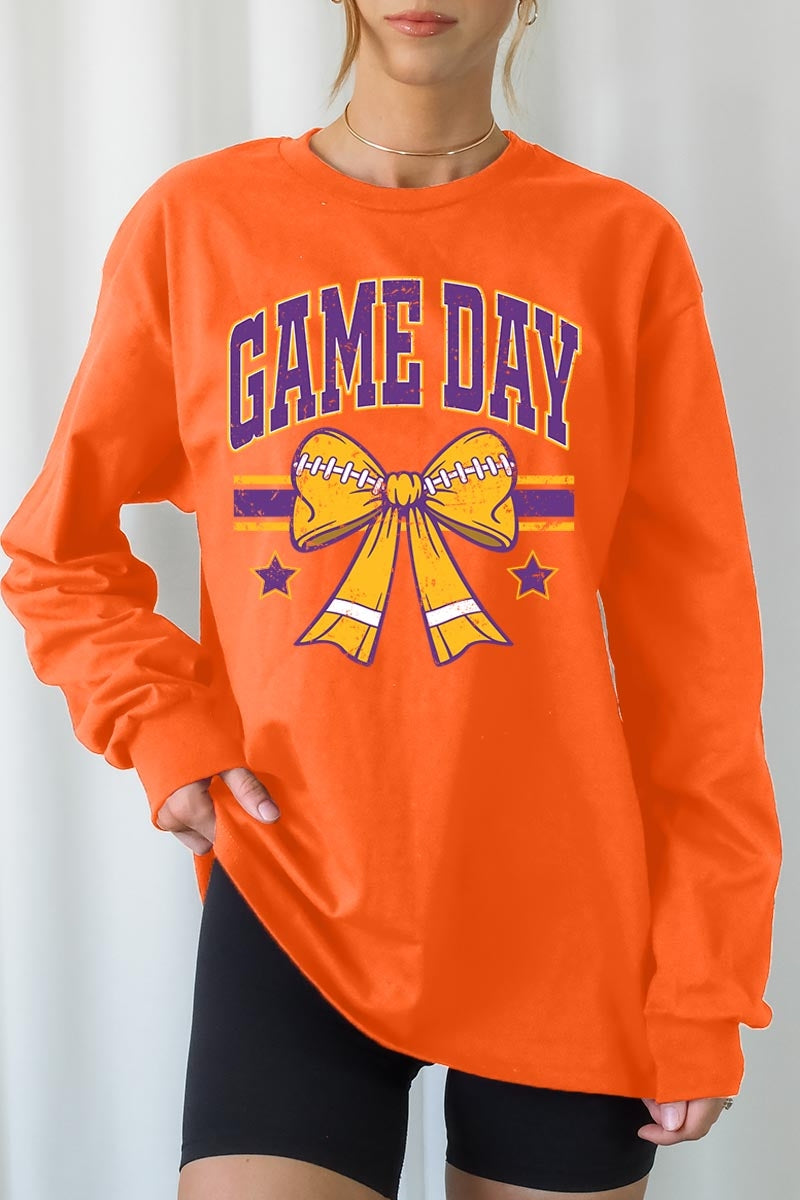 UL240-E3063 Purple Game Day Football Bow Long Sleeve Tee $13.75