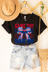 US3001P-E3087 Red Blue Football Game Day Bow Graphic Plus Tee $16