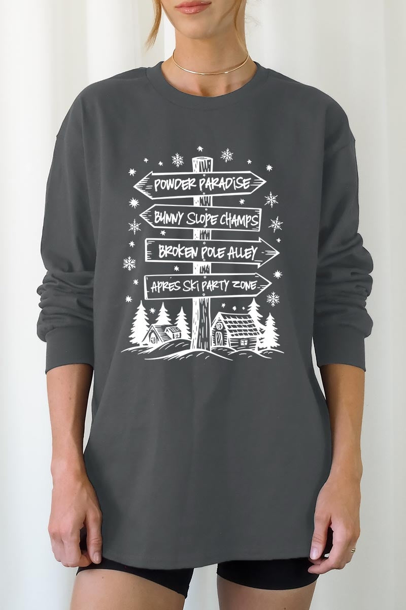 UL240P-E3189 Ski Lodge Signs Graphic Plus Long Sleeve Tee $17