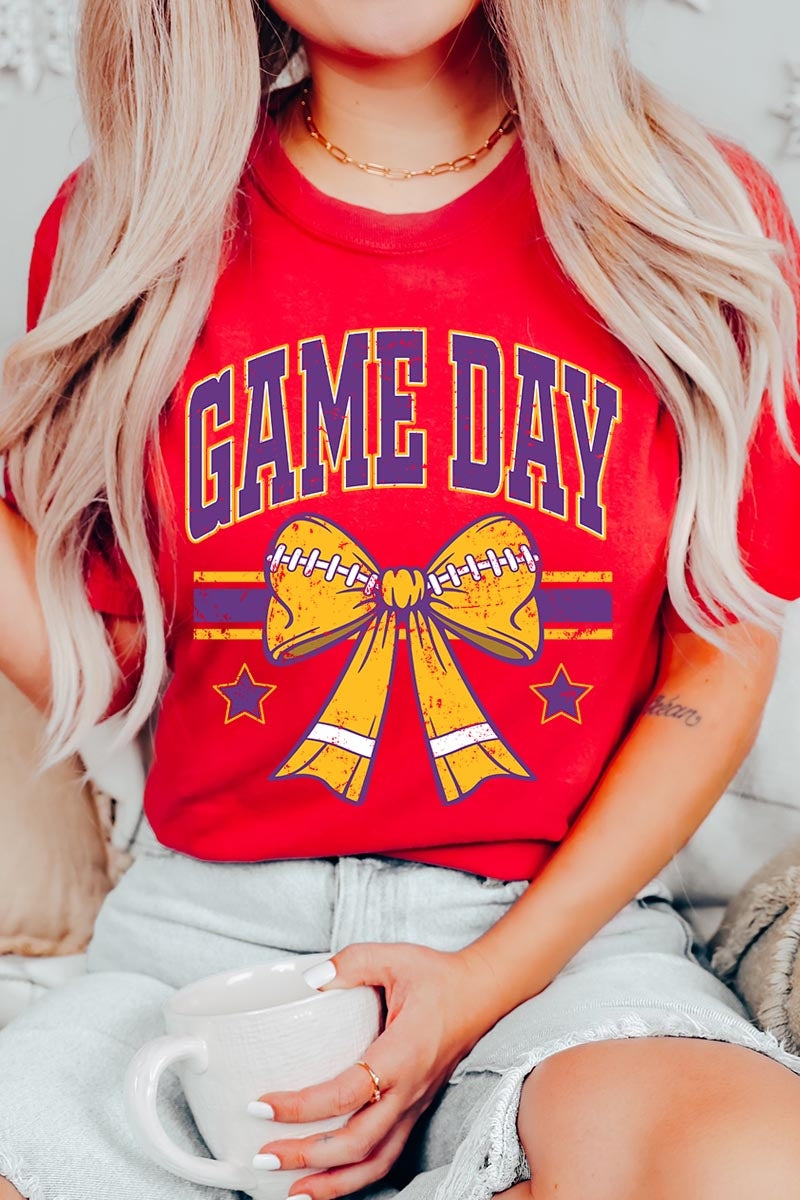 US3001-E3063 Purple Game Day Football Bow Graphic Tee $12.5