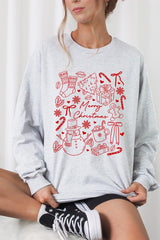 UL240-E3181 Christmas Doodle Graphic Long Sleeve Tee $13.75