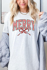 5000-E3206 Plaid Merry Christmas Bow Graphic Heavy Cotton Tee $9