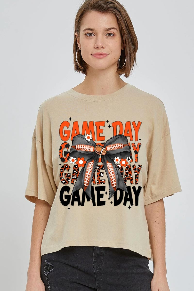 CTS-E3088 Orange Black Football GameDay Bow Relaxed Crop Top $11