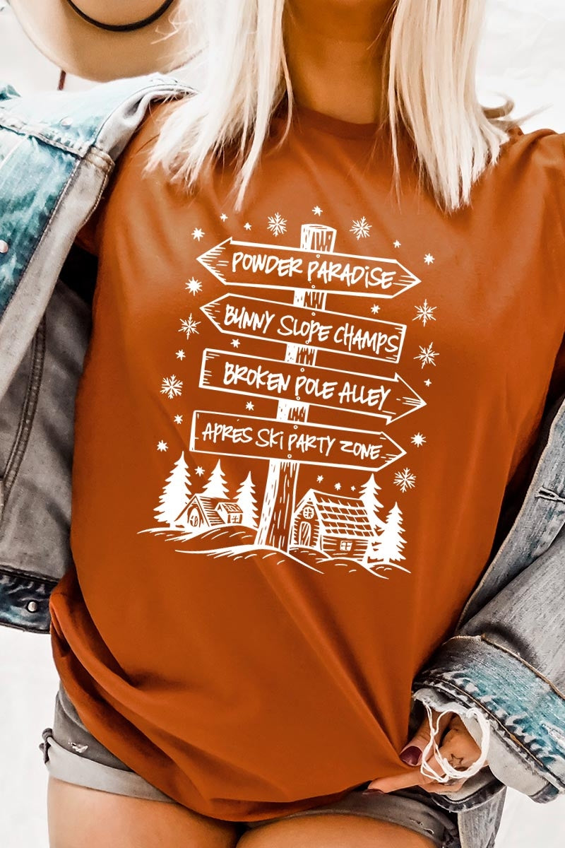 US3001P-E3189 Ski Lodge Signs Graphic Plus Tee $16