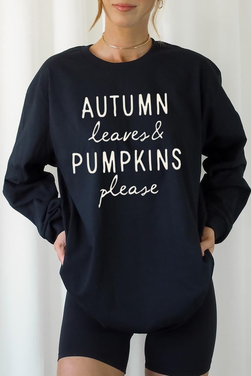 UL240P-E3158 Autumn Leaves Pumpkins Graphic Plus Long Sleeve Tee $17