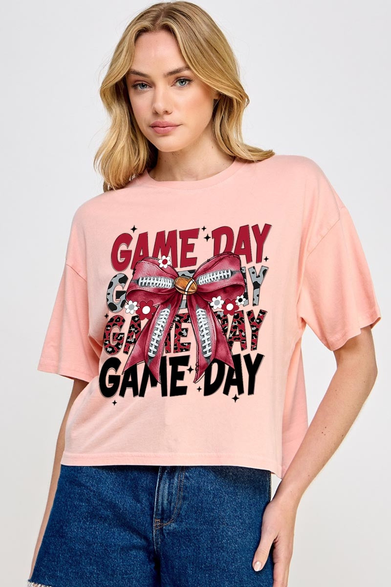 CTS-E3093 Red Silver Football Game Day Bow Relaxed Crop Top $11