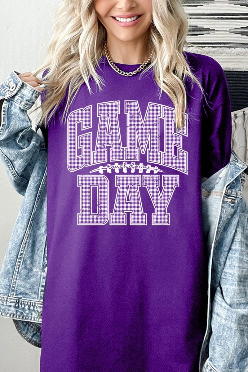 5000-E3127 Purple Gingham Game Day Graphic Heavy Cotton Tee $9