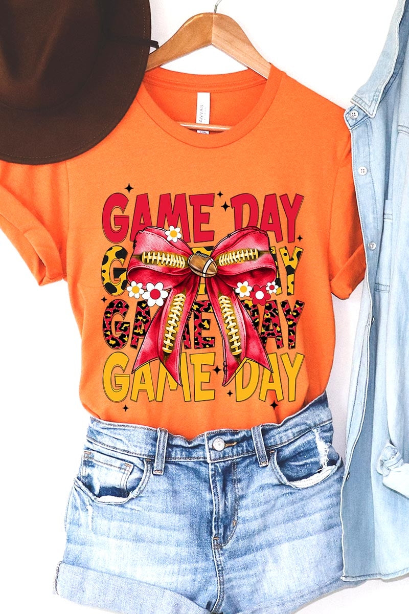 US3001P-E3091 Red Yellow Football Game Day Bow Graphic Plus Tee $16