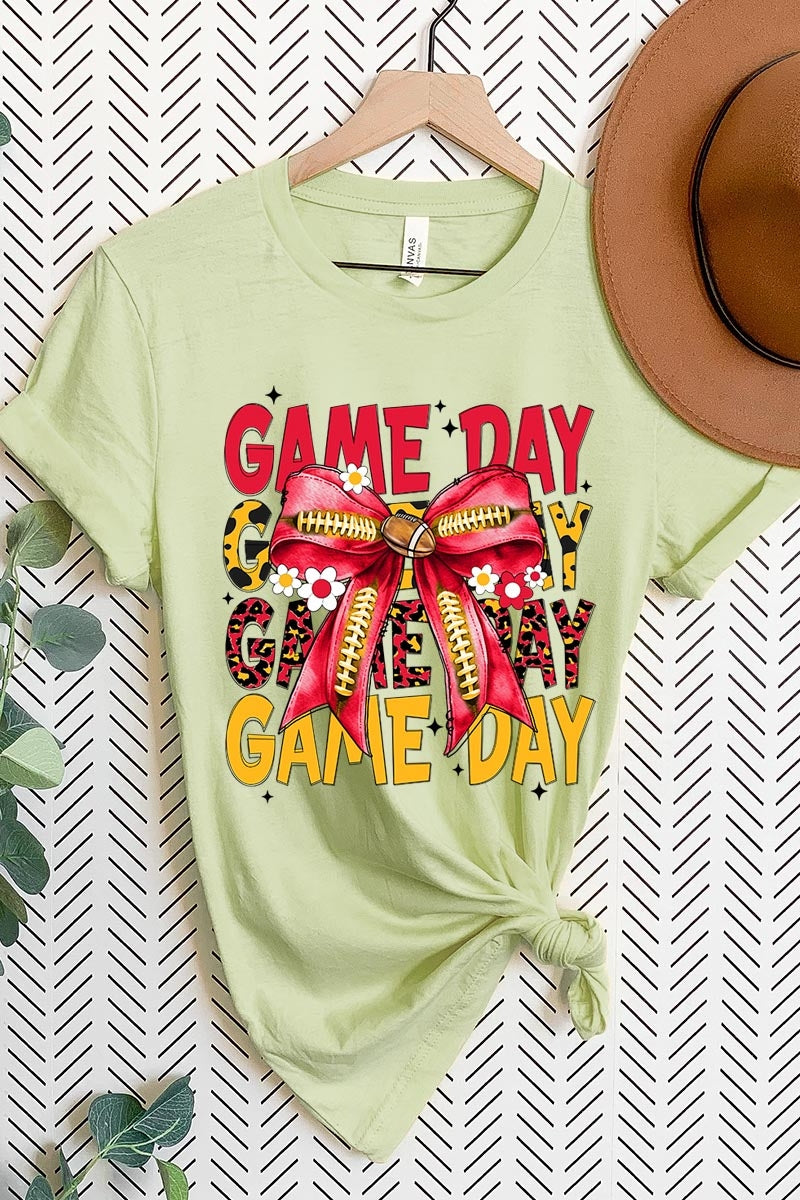 US3001P-E3091 Red Yellow Football Game Day Bow Graphic Plus Tee $16