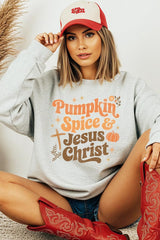 UL180P-E3164 Pumpkin Spice & Jesus Graphic Plus Sweatshirt $25
