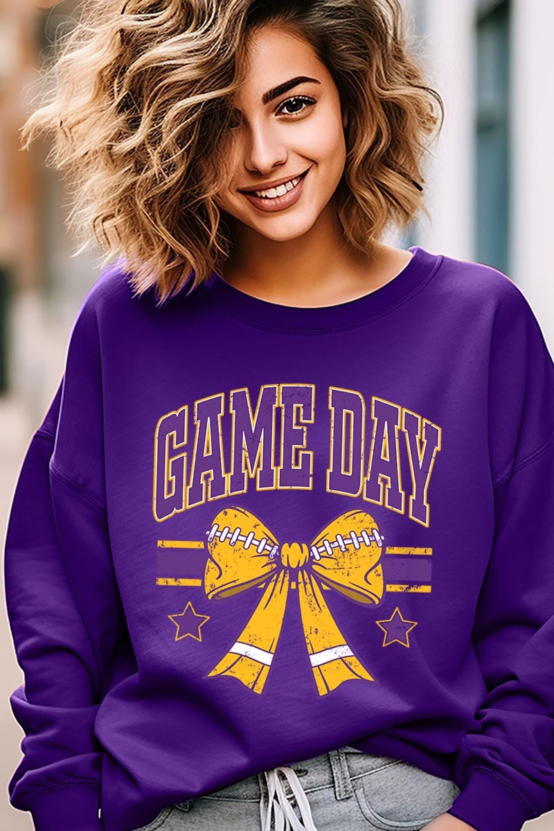 UL180P-E3063 Purple Game Day Football Bow Plus Sweatshirt $25