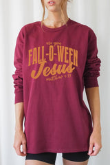 UL240-E3143 Are You Fall O Ween Jesus Graphic Long Sleeve Tee $13.75
