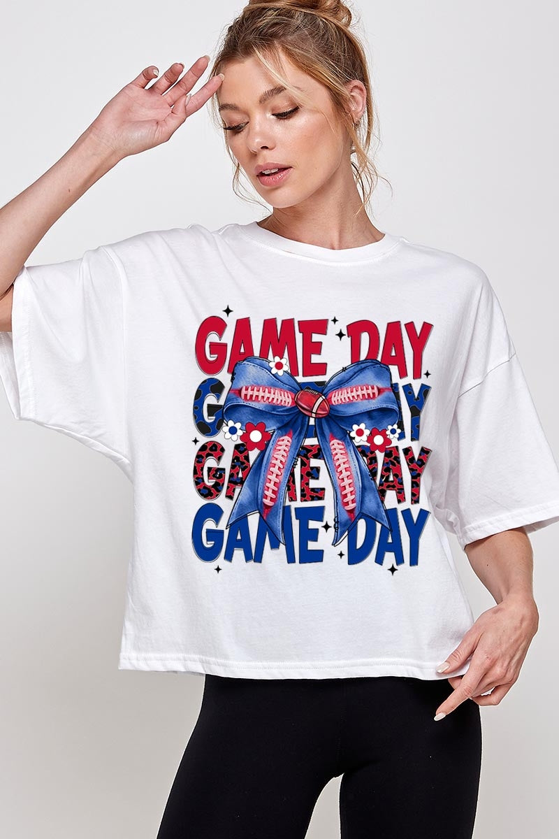CTS-E3087 Red Blue Football Game Day Bow Relaxed Crop Top $11