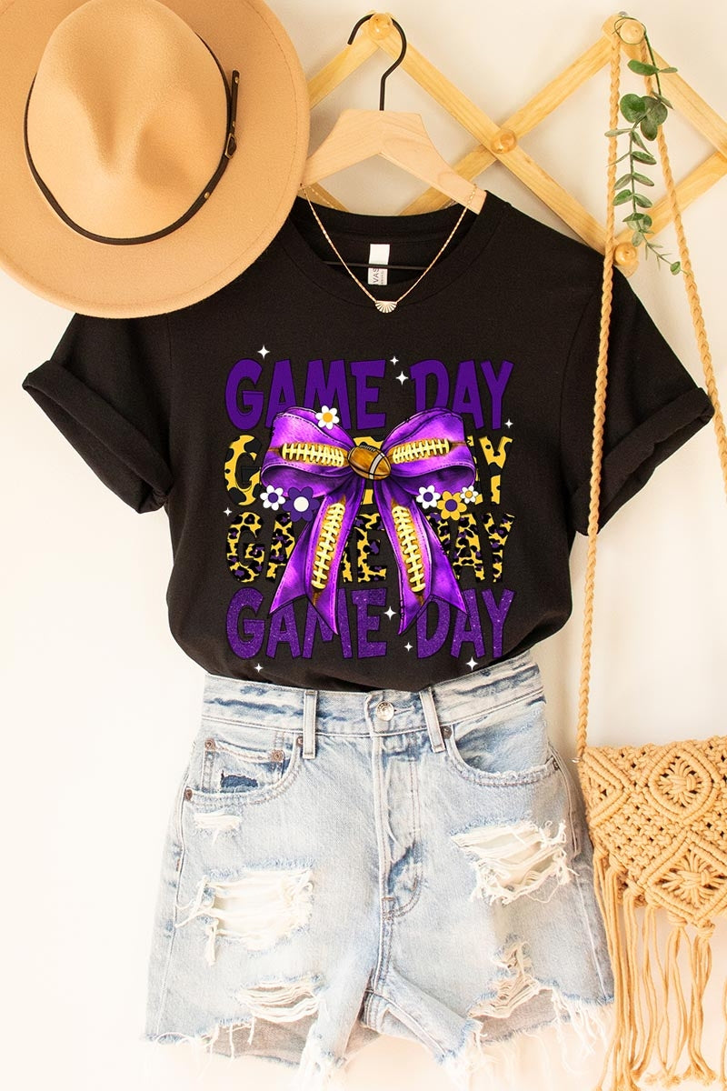 US3001P-E3092 Purple Yellow Football Game Day Bow Plus Tee $16