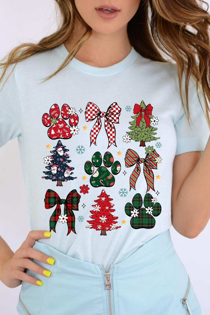 US3001-E3195 Christmas Bow Paw Graphic Tee $12.5