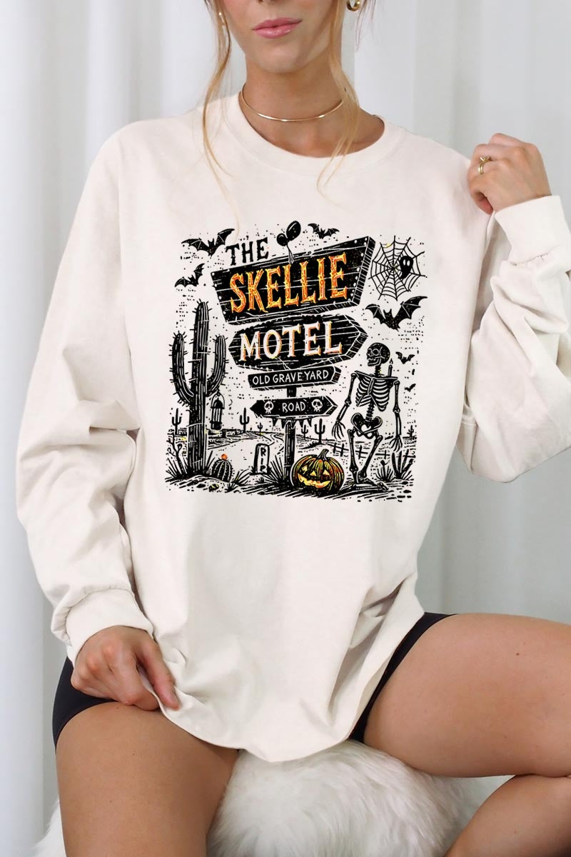 UL240-E3108 Skellie Motel Halloween Graphic Long Sleeve Tee $13.75