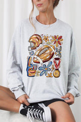 UL240-E3072 Retro Floral Football Graphic Long Sleeve Tee $13.75