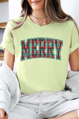 US3001-E3210 Classic Plaid Merry Graphic Tee $12.5