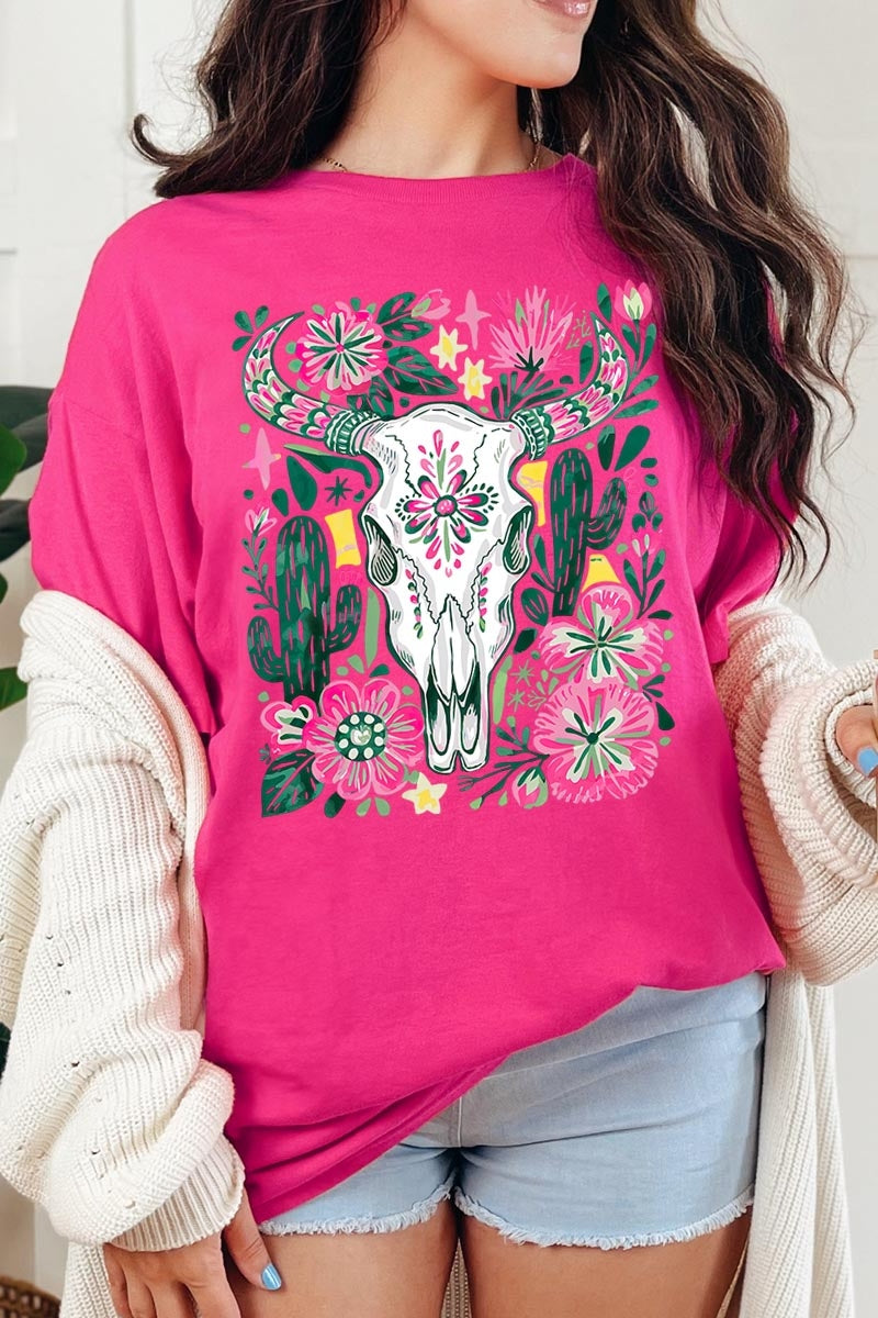 5000-E3086 Western Floral Cow Skull Graphic Heavy Cotton Tee $9