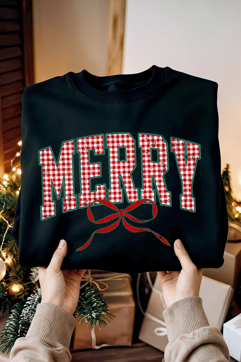 UL180-E3206 Plaid Merry Christmas Bow Graphic Sweatshirt $20