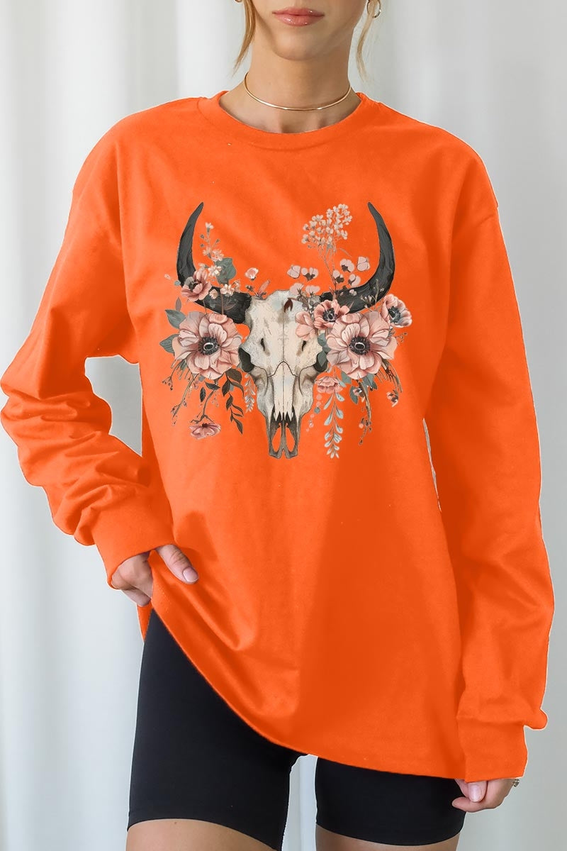 UL240-E3113 Western Skull Floral Graphic Long Sleeve Tee $13.75