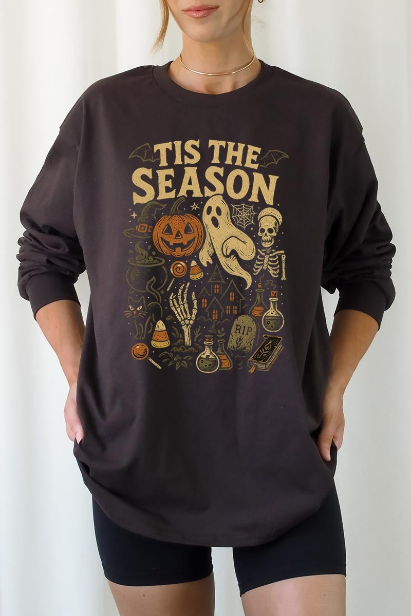 UL240-E3125 Tis The Season Halloween Graphic Long Sleeve Tee $13.75