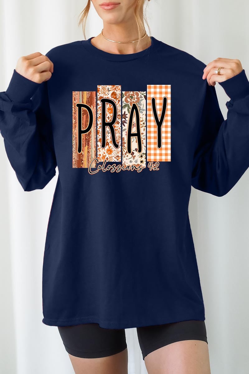 UL240P-E3166 Pray Fall Christian Graphic Plus Long Sleeve Tee $17
