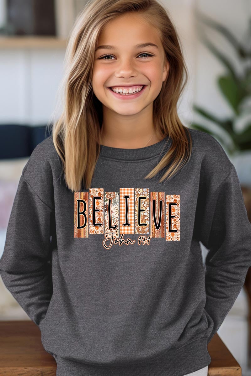 UL180B-E3167Z Believe Fall Christian Kids Graphic Sweatshirt $20