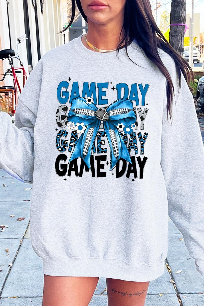 UL180-E3089 Blue Silver Football Game Day Bow Sweatshirt $20