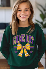 UL180B-E3063Z Purple Game Day Football Bow Kids Sweatshirt $20
