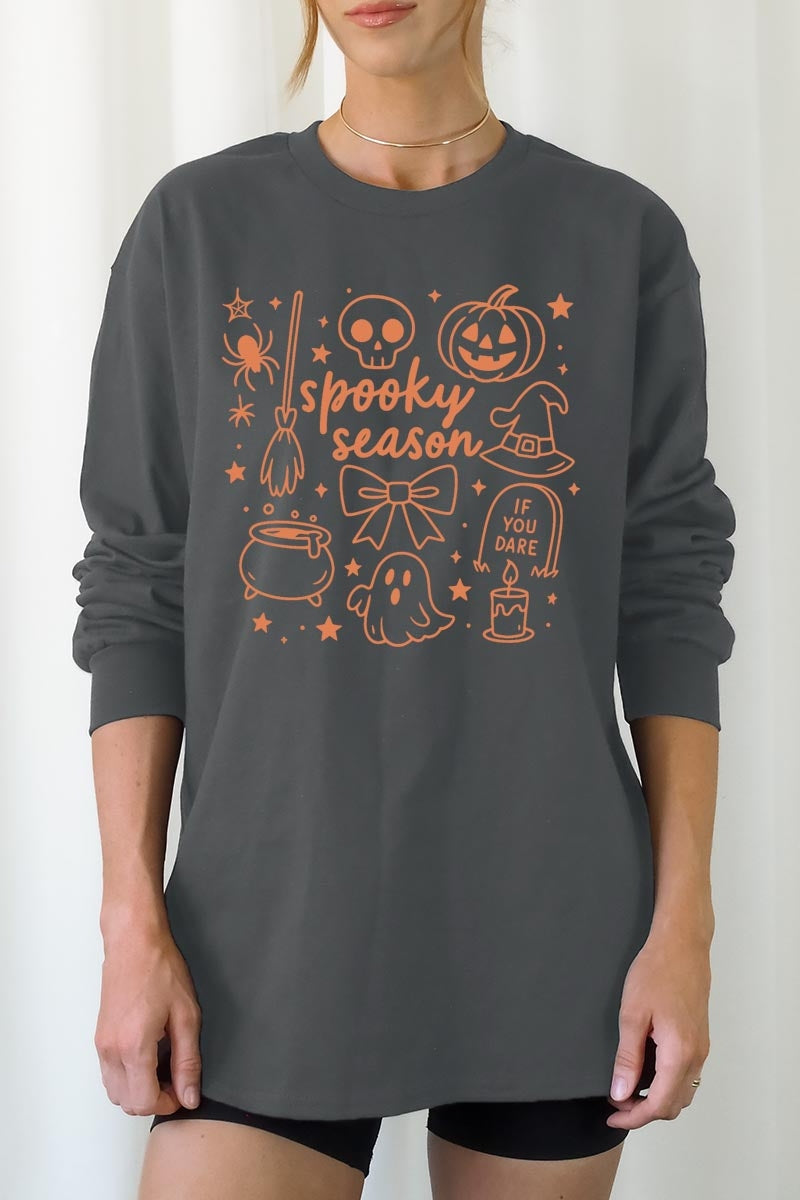 UL240-E3141 Halloween Doodle Graphic Long Sleeve Tee $13.75