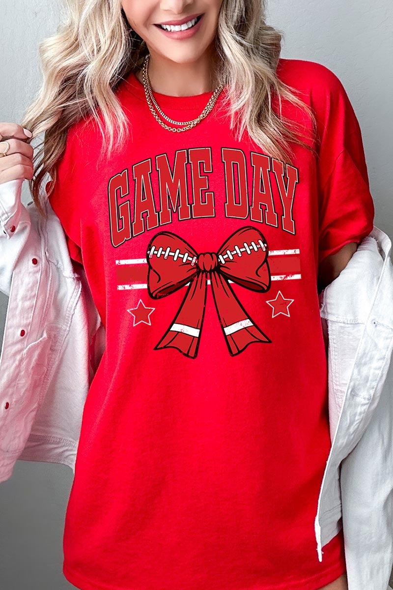 5000-E3062 Red Game Day Football Bow Graphic Heavy Cotton Tee $9