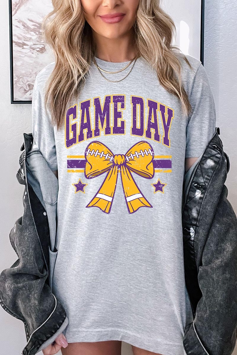 US3001P-E3063 Purple Game Day Football Bow Graphic Plus Tee $16