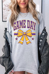 US3001-E3063 Purple Game Day Football Bow Graphic Tee $12.5