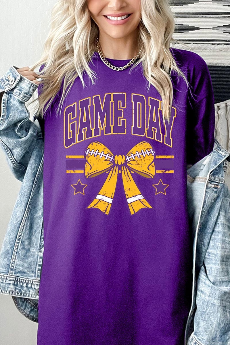 5000-E3063 Purple Football Bow Graphic Heavy Cotton Tee $9