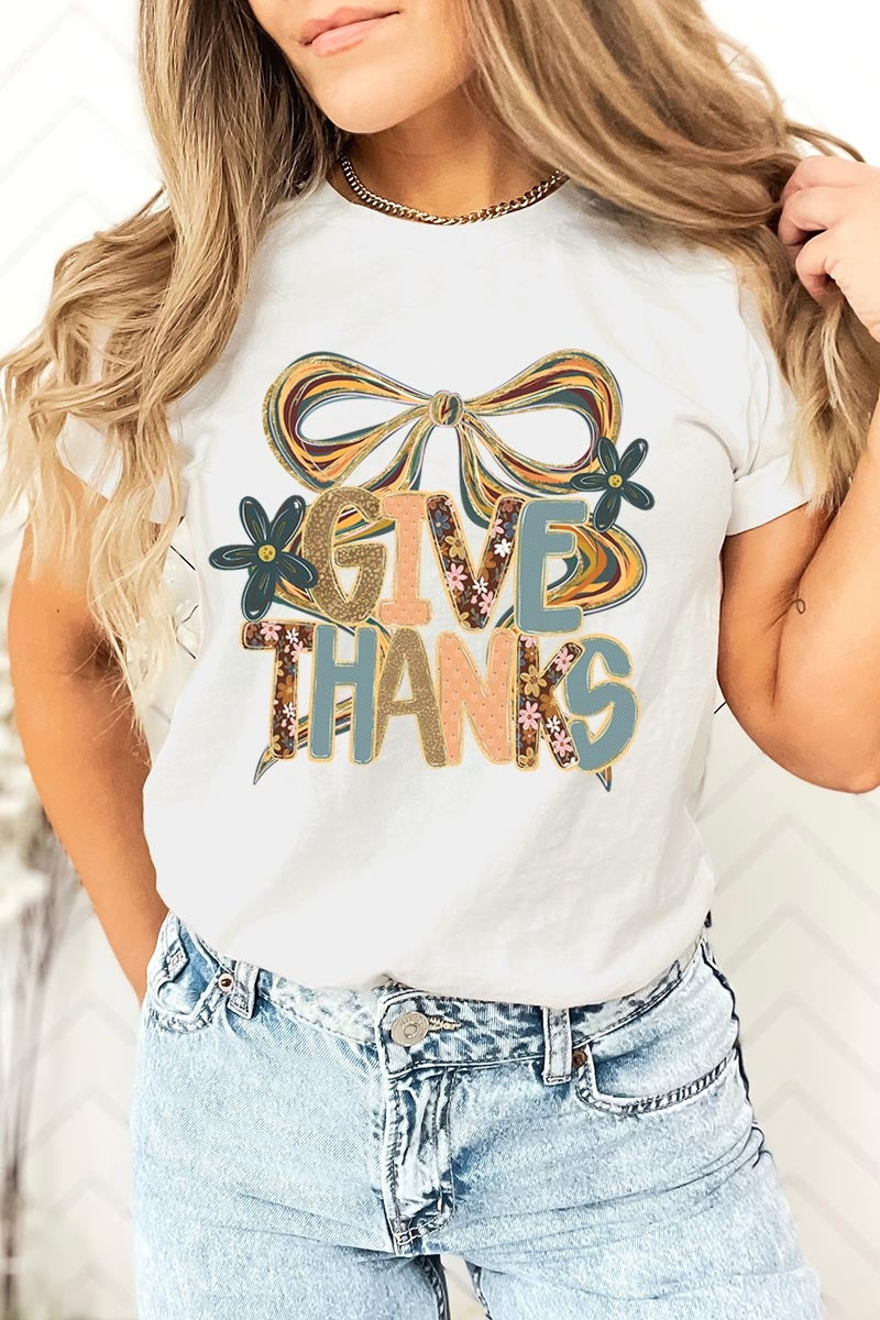 US3001P-E3154 Give Thanks Bow Graphic Plus Tee $16