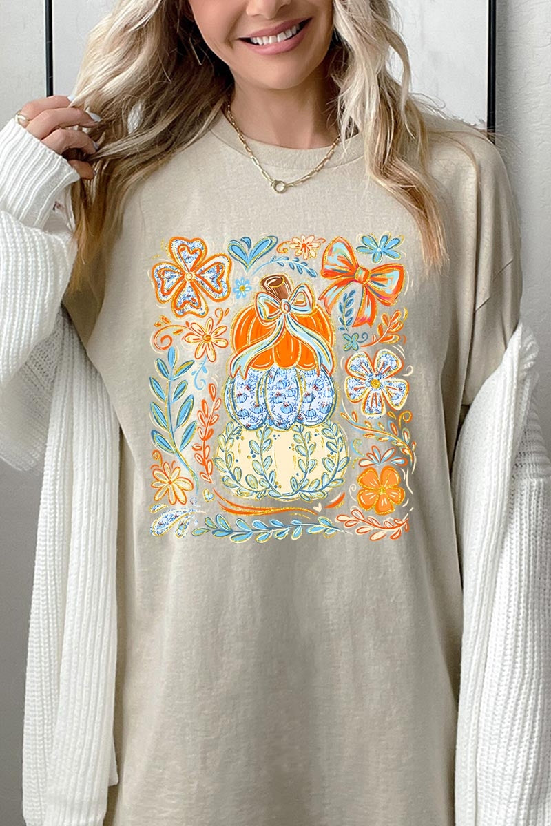 5000-E3153 Floral Pumpkin Stack Graphic Heavy Cotton Tee $9