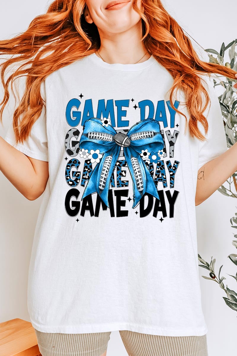5000P-E3089 Blue Silver Football Bow Plus Heavy Cotton Tee $12.75
