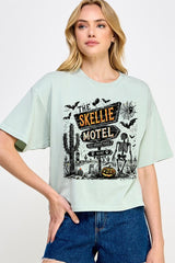 CTS-E3108 Skellie Motel Halloween Graphic Relaxed Crop Top $11