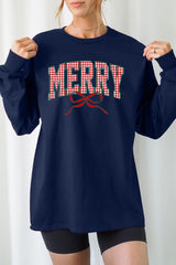 UL240P-E3206 Plaid Merry Christmas Bow Graphic Plus Long Sleeve Tee $17