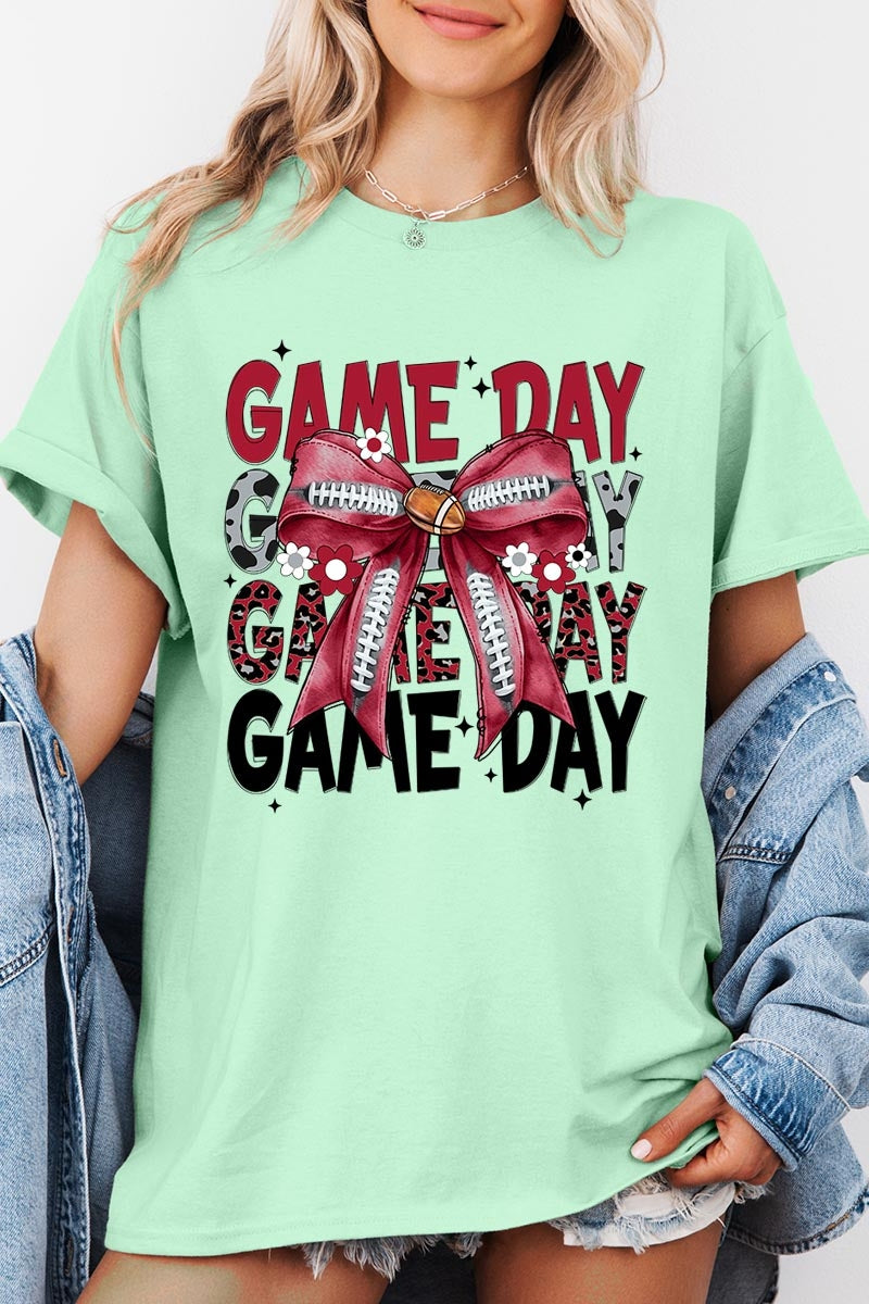 5000P-E3093 Red Silver Football Bow Plus Heavy Cotton Tee $12.75