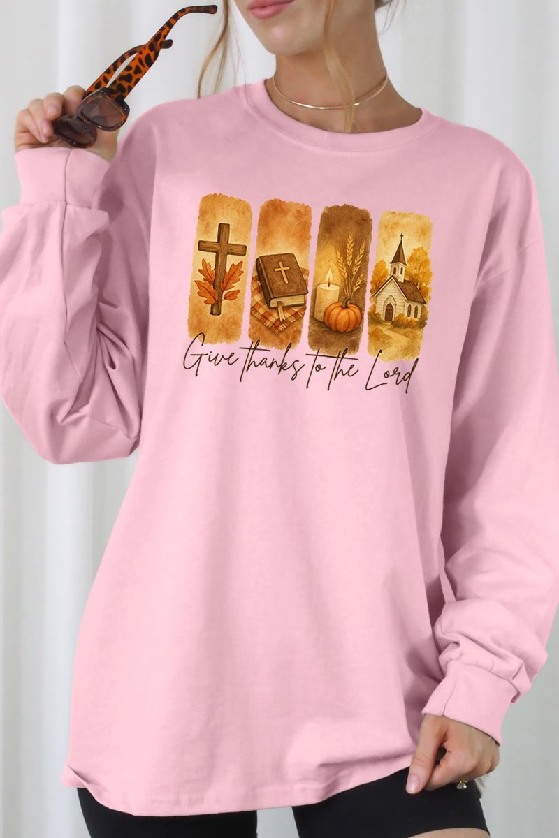 UL240-E3169 Give Thanks To The Lord Graphic Long Sleeve Tee $13.75
