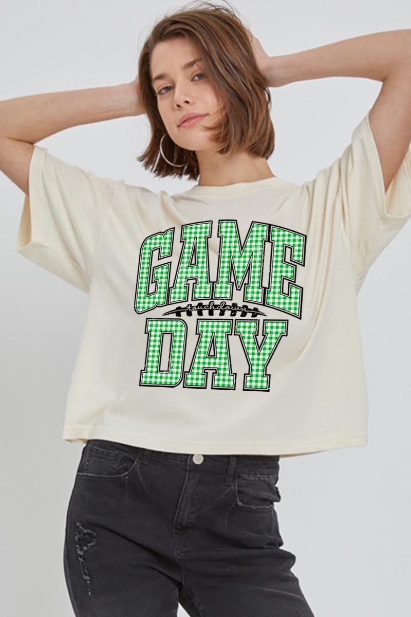 CTS-E3128 Green Gingham Game Day Graphic Relaxed Crop Top $11