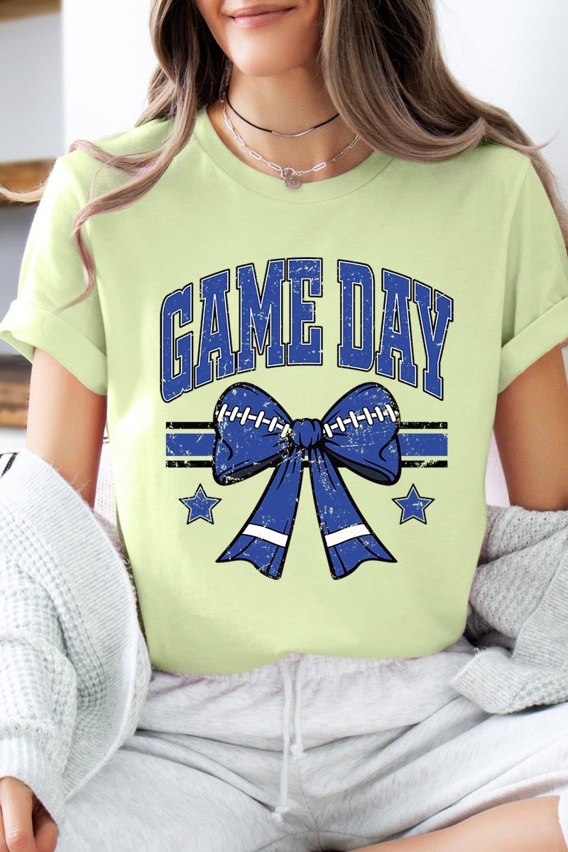 US3001-E3065 Blue Game Day Football Bow Graphic Tee $12.5