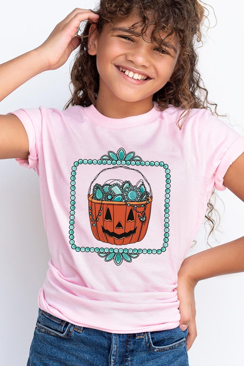 US3001Y-E3140Z Halloween turquoise pumpkin Kids Graphic Tee $11
