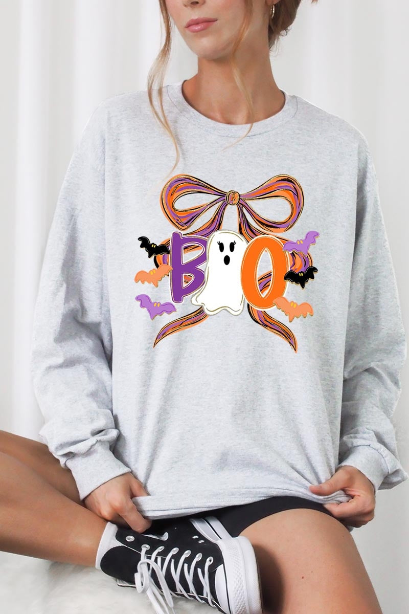 UL240-E3120 Boo Brushstroke Bow Graphic Long Sleeve Tee $13.75