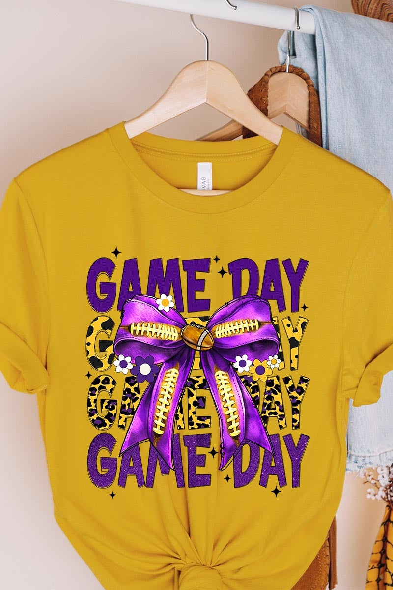 US3001-E3092 Purple Yellow Football Game Day Bow Graphic Tee $12.5