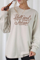 UL240P-E3115 Y'all Need Jesus Graphic Plus Long Sleeve Tee $17