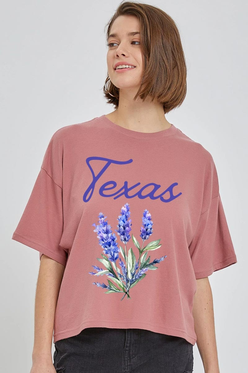 CTS-E3060 Texas Bluebonnet Graphic Relaxed Crop Top $10.5